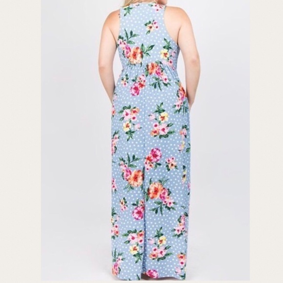 Floral Print Polka Dot Blue Maxi Dress 1X 2X 3X - Picture 5 of 8
